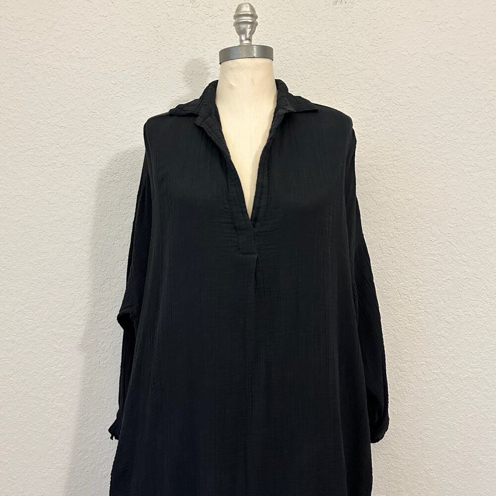 LAUDE THE LABEL Midi Dress Black Gauze Cotton Long Sleeve Seersucker - Picture 3 of 11